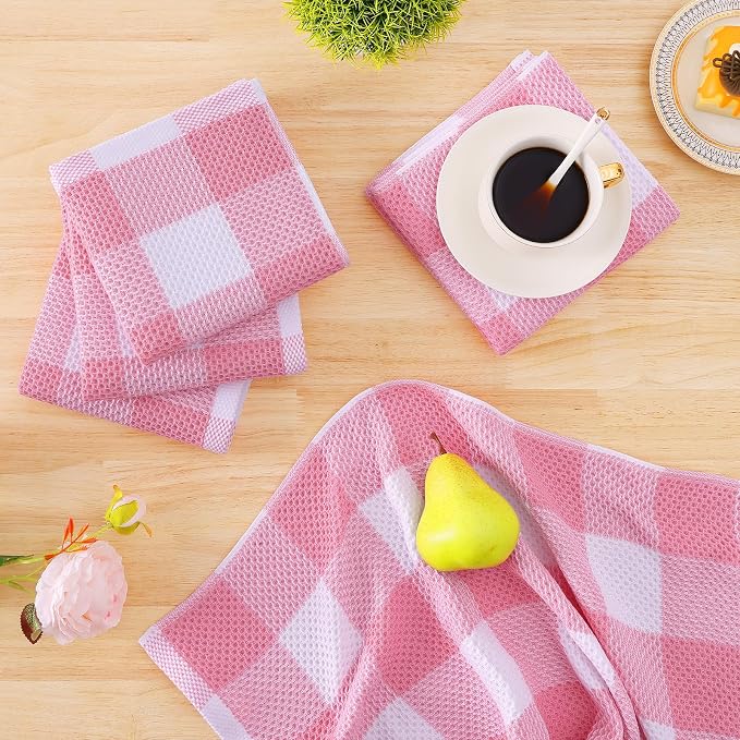 Homaxy Kitchen Towels and Dishcloths Set, Set of 16, White & Pink | Bulk Cotton Waffle Weave Check Plaid Kitchen Towels, Super Soft and Absorbent Dish Cloths, 12 x 12 and 13 x 28 Inches - Image 7