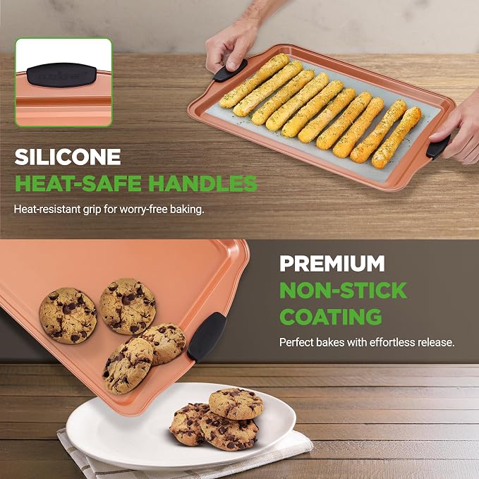 NutriChef 5‑Piece Non‑Stick Bakeware Set – Premium Carbon Steel Baking Pans Set with Silicone Handles, Stackable Oven Pan Set for Cookies, Sheet Cakes, & Roasting - Image 6