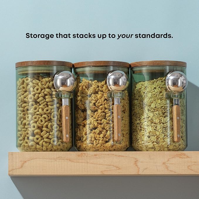 JoyJolt Holden 32oz Stackable Glass Storage Containers with Lids and Scoops, Airtight Food Canister Set of 3 w/Acacia Wood Lids, Round Stacking Pantry and Kitchen Containers w/Scoop | Sage Green - Image 5