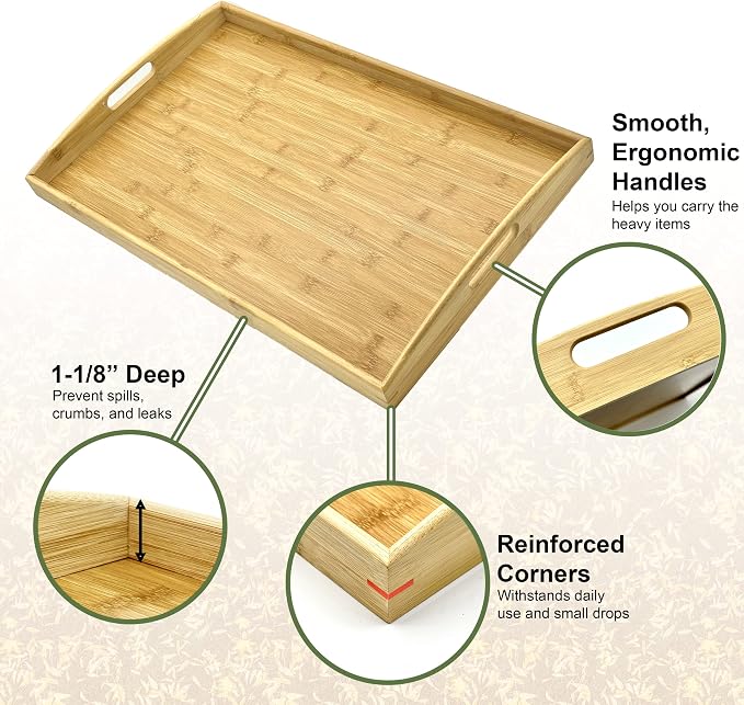Bam & Boo Natural Bamboo Serving Tray Extra Large Rectangular with Handles for Food, Drinks, Storage, Decor, Vanity, Breakfast, Parties, Weddings, Picnics(17.75” x 13” x 2.35”, Natural) - Image 2