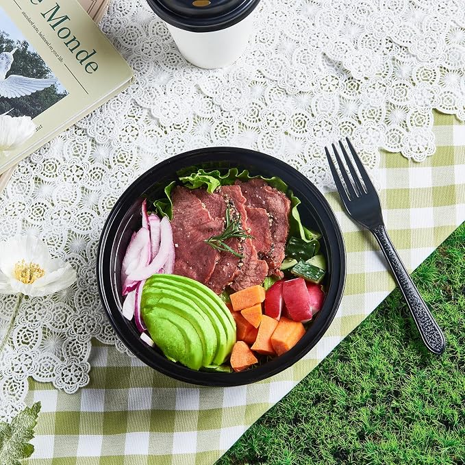 38 oz 50 ct Round Meal Prep Containers with Lids Plastic Food Storage To Go Lunch Plan Box Disposable Take Out Bowls Black BPA Free Reusable Durable Stackable Microwave Freezer Dishwasher Safe - Image 4