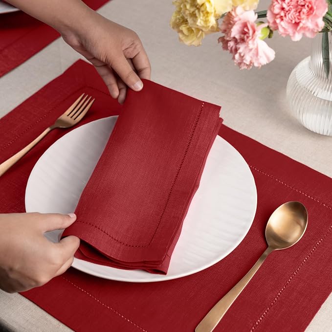 Signature Linen™ by D'Moksha Red Dinner Napkins Set of 8, 20 x 20 Inch Cloth Napkins, 100% Pure Linen, Hemstitch, Machine Washable Table Napkins- Summer, Weddings, Outdoor hostings - Image 2