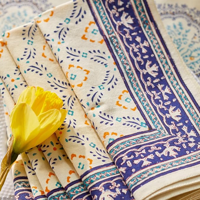 100% Pale Yellow Blue Cotton Dinner Napkins, Set of 6, Hand Printed Morning Dew Design, Fair Trade, Washable Cloth Napkins for Parties & Cocktails 20x20 in by SaffronMarigold