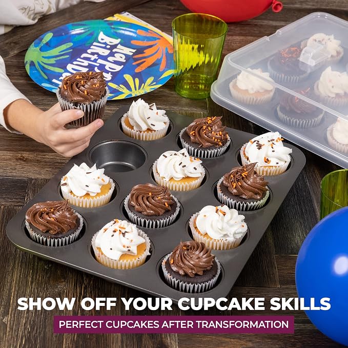 Cupcake Carrier for 24 Cupcakes - Innovative Cupcake Holder includes 2 Cupcake Pans with Lid and Handle - Cupcake Travel Container Carries 12 or 24 Standard-Size Cupcakes for Storage Safely - Image 5