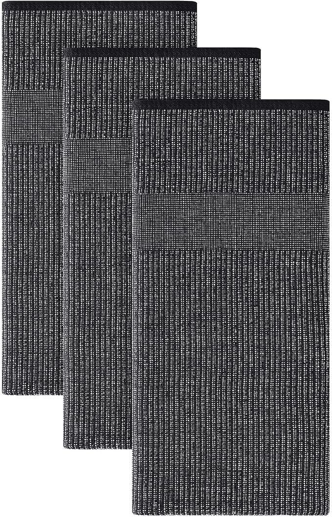 Homaxy 380 GSM Cotton Premium Kitchen Towels 3 Pack, 18"x 28", Black | Flat and Terry Dish Towels, Highly Absorbent Tea Towel Set with Hanging Loop, Soft Utility Kitchen Hand Towels by Homaxy
