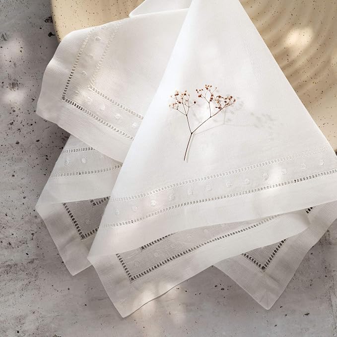 Linen Napkins Set of 4-100% Flax Linen White Dinner Napkins with Embroidered Dot 18 x 18 inch - Hemstitch Cloth Napkins Washable for Summer and Wedding Decor - Image 2