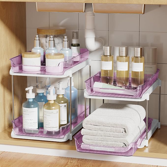 Delamu 2-Tier Multi-Purpose Bathroom Under Sink Organizers and Storage, Stackable Kitchen Pantry Organization, Pull Out Medicine Cabinet Organizer with Movable Dividers, Purple, 2 Pack - Image 7