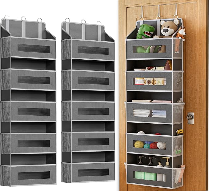 2 Pack 5 Tier Over The Door Organizer - Large Capacity Behind Door Hanging Shelves with 10 Mesh Pockets and Clear Windows, Closet Organizers and Storage for Bathroom, Bedroom, Nursery, Grey by Unknown