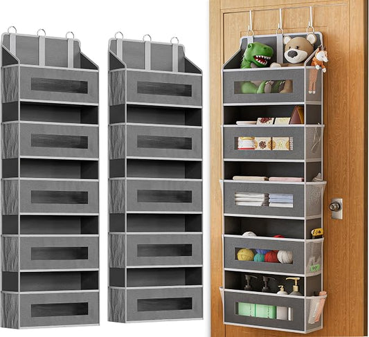 2 Pack 5 Tier Over The Door Organizer - Large Capacity Behind Door Hanging Shelves with 10 Mesh Pockets and Clear Windows, Closet Organizers and Storage for Bathroom, Bedroom, Nursery, Grey by Unknown