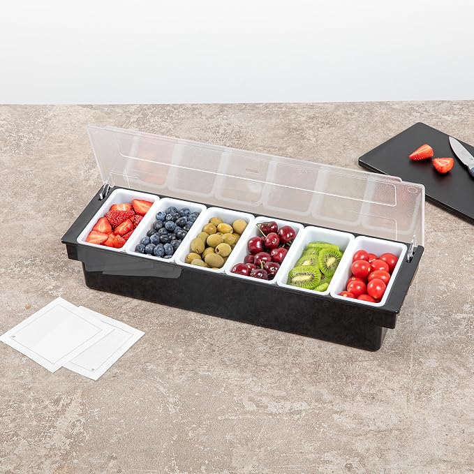Restaurantware Bar Lux 19.6 x 6.3 x 3.7 Inch Condiment Caddy 1 Durable Bar Caddy - 6 Removable Compartments Built-In Lid Black Plastic Condiment Holder For Restaurant Store Cocktail Garnish - Image 3
