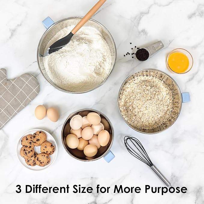 Stainless Steel Mixing Bowls Set with Lids,1.5,3 & 5 Qt,Light Blue | Non-Slip Silicone Base,Precision Pour Spout,Ergonomic Easy-Grip Handle,Measurement Marks,Airtight Lids,Cooking & Meal Prep - Image 5