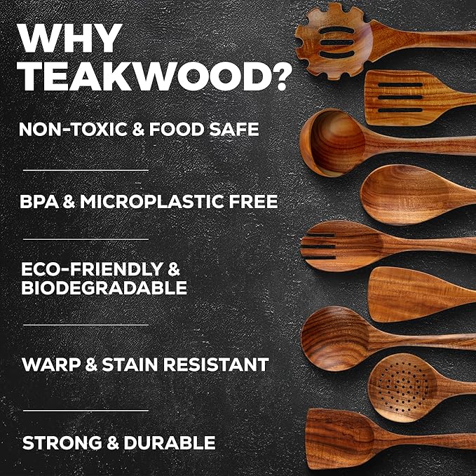 Zulay Kitchen 9-Piece Teak Wood Cooking Utensil Set – Non-Toxic & Non-Stick Safe Wooden Spoons & Kitchen Tools with Comfortable Grip, Smooth Finish Natural Teak – Perfect Kitchen Gift Set - Image 4