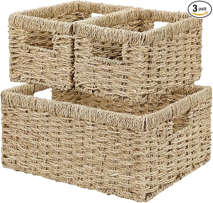 Wicker Basket, Set of 3 Hand-woven Storage Baskets for Organizing, Seagrass Wicker Storage Basket Bins with Handles, Small Toilet Paper Storage Baskets for Shelves Pantry Baskets (Seagrass) by Vagusicc