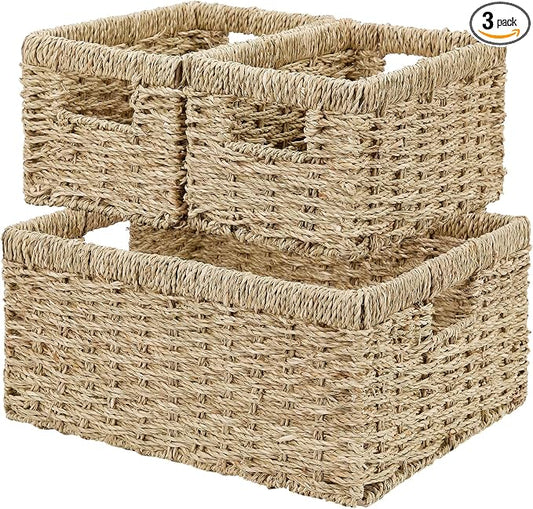 Wicker Basket, Set of 3 Hand-woven Storage Baskets for Organizing, Seagrass Wicker Storage Basket Bins with Handles, Small Toilet Paper Storage Baskets for Shelves Pantry Baskets (Seagrass) by Vagusicc