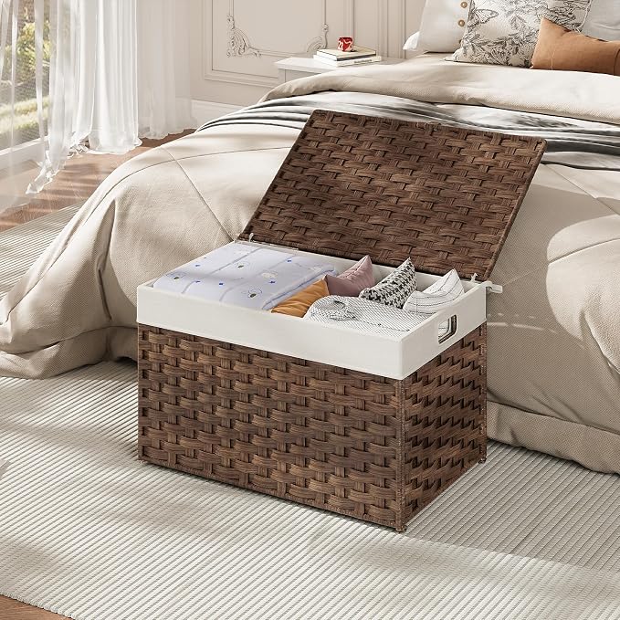 HOOBRO Storage Basket with Lid, 17.2 Gallon (65L) Wicker Basket, Handwoven Blanket Storage Basket with Handles, Metal Frame and Soft Lining, Foldable for Bedroom, Laundry Room, Brown BR265CW01 - Image 4