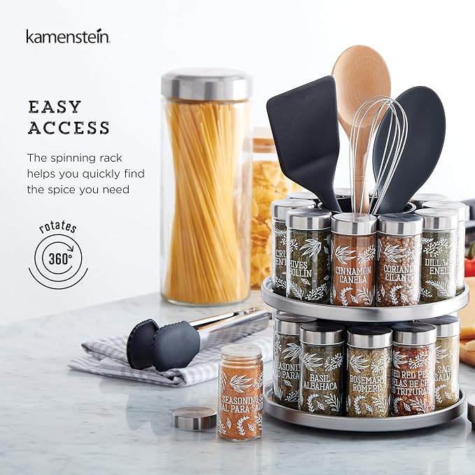 Kamenstein Salem 20-Jar Rotating Spice Rack with Spices Included, Stainless Steel Countertop Organizer with Sifter Caps and Tool Caddy, Spice Set for Kitchen Organization - Image 4