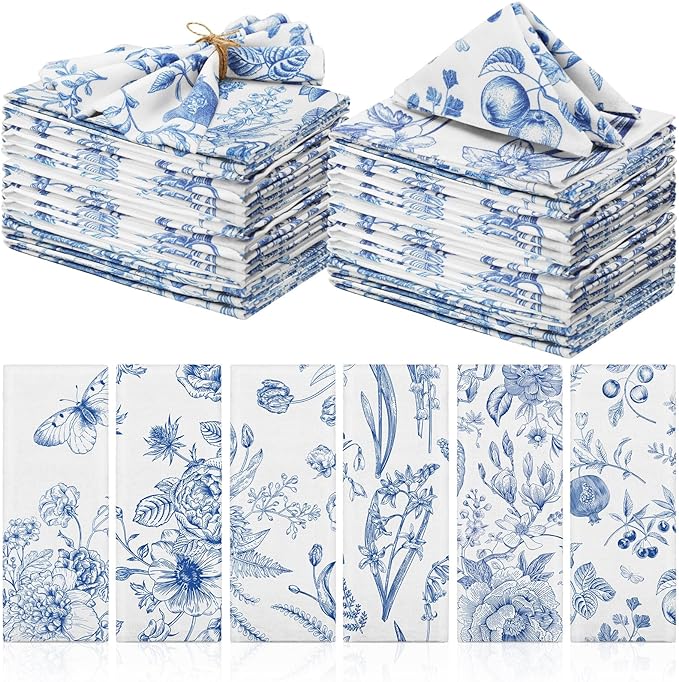 24 Pcs Cloth Napkins Bulk-15 x 15 Inch Soft Fabric Napkins Bulk Cloth Washable Reusable Plants Floral Square Napkin Cotton Dinner Towel for Spring Tea Party (Blue White Flower) by VitalCozy