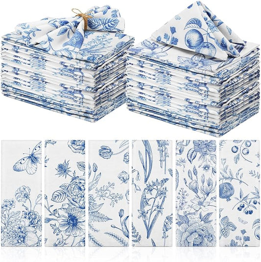 24 Pcs Cloth Napkins Bulk-15 x 15 Inch Soft Fabric Napkins Bulk Cloth Washable Reusable Plants Floral Square Napkin Cotton Dinner Towel for Spring Tea Party (Blue White Flower) by VitalCozy