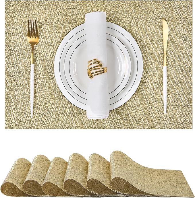 Leetaltree Gold Placemats Set of 6 - Heat Resistant Non-Slip Place mats for Dining Table, Washable Durable PVC Vinyl Woven Table Mats(Luxury Gold, 6) by Leetaltree-ArtatEveryTable