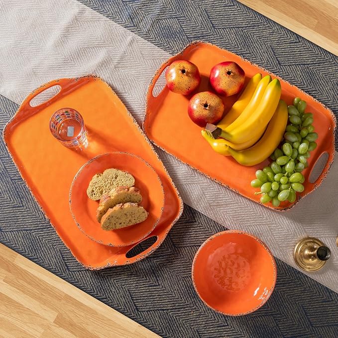Melamine Serving Tray with Handles, 19“ x 12" Vintage Rustic Large Rectangular Melamine Serving Platter for Serving Food, Breakfast Tray, Set of 2, Dishwasher Safe, Orange - Image 4