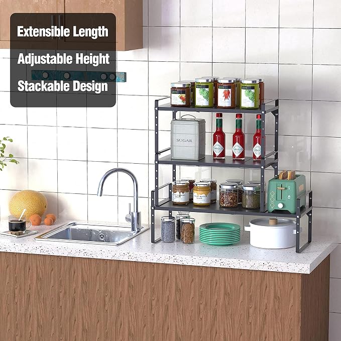 Expandable Kitchen Cabinet Storage Shelf, Stackable Metal Pantry Storage Shelves Organizer, Adjustable Height Counter Spice Rack for Kitchen Cabinet, Countertop, Pantry and Office - Image 5