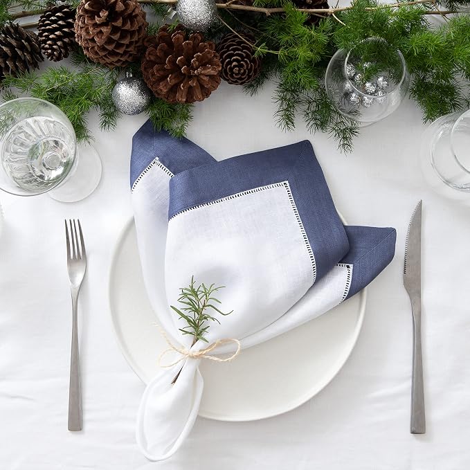 Linen Napkins 20 x 20 inch - 100% Pure Linen White and Navy Blue Dinner Napkins Set of 4 - Hemstitch Napkins Cloth Washable for Winter, Easter and Spring Decor - Image 8