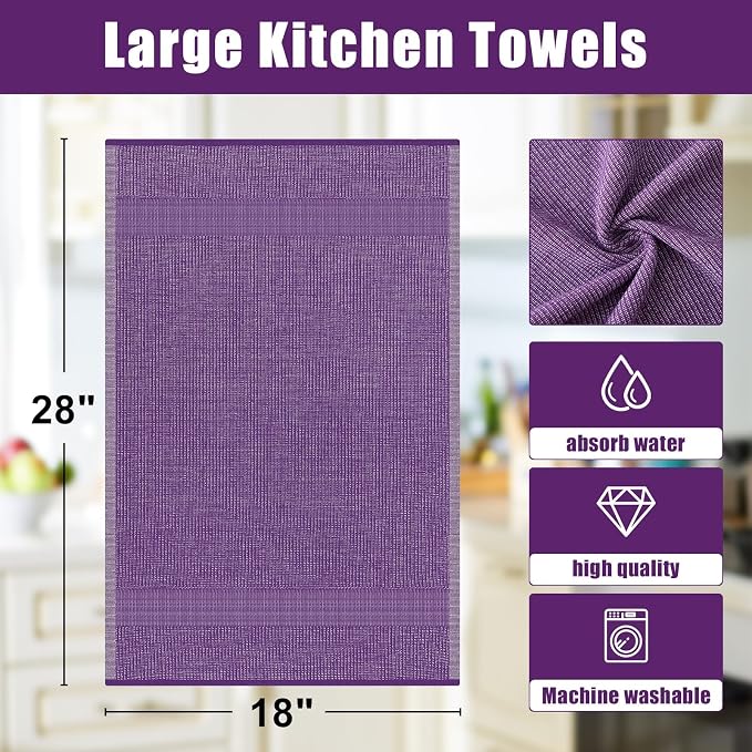 Homaxy 380 GSM Cotton Premium Kitchen Towels 3 Pack, 18"x 28", Purple | Flat and Terry Dish Towels, Highly Absorbent Tea Towel Set with Hanging Loop, Soft Utility Kitchen Hand Towels - Image 8