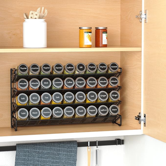 SpaceAid Spice Rack Organizer with 36 Spice Jars, 386 Spice Labels, Chalk Marker and Funnel Set for Cabinet, Countertop, Pantry, Cupboard or Door & Wall Mount - 36 Jars, 17.2" W × 10.8" H, Black - Image 2