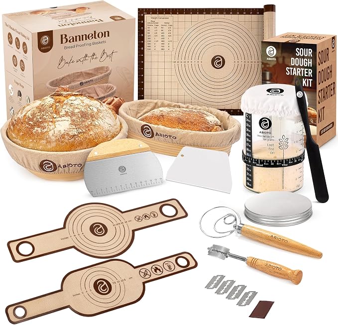 Sourdough Starter Kit with 9" Round & 10" Oval Bannetons, 34 oz Starter Jar, and Sourdough Bread Baking Supplies - Complete Sourdough Kit with Lame, Whisk, Scrapers, Slings, Mat, Spatula, Cloth Covers by ABIOTO