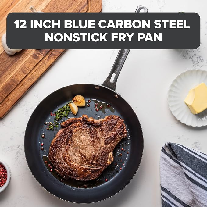 Viking Blue Carbon Steel Frying Pan, 12 Inch Kitchen Cookware, Black - Image 2