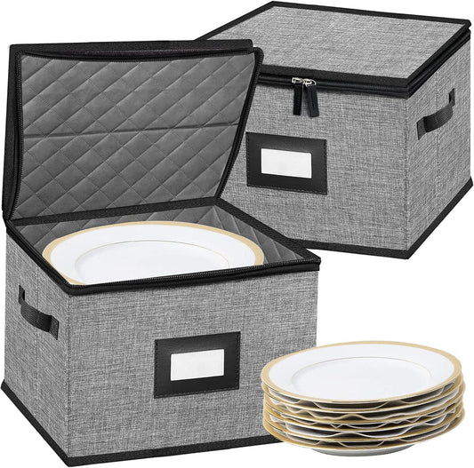 China Storage Containers-Quilted Dish Storage Containers with Lid Hard Shell for Moving Transport, Dinnerware Storage,Stackable Plate Storage,24 Felt Plate Dividers Included,2PACK 12*12*8in(Dark Grey)