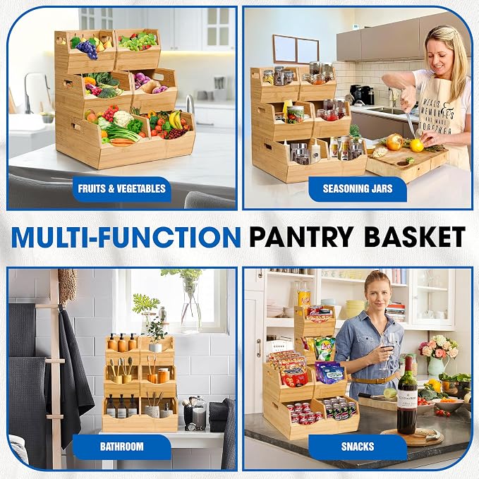 3-tier Stackable Bamboo Pantry Storage Bins, Potato & Onion Storage Baskets | Upgraded Storage Basket with Handles, Removable Divider, Natural Pantry Organizer Holder for Kitchen, Cabinet, Fruit Storage - Image 7