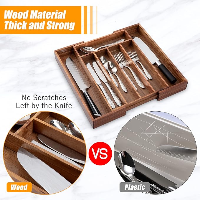 Acacia Silverware Organizer Kitchen Drawer Organizer Expandable Bamboo Utensil Holder Cutlery Tray for Kitchen Utensil and Flatware Bedroom Office - Image 5