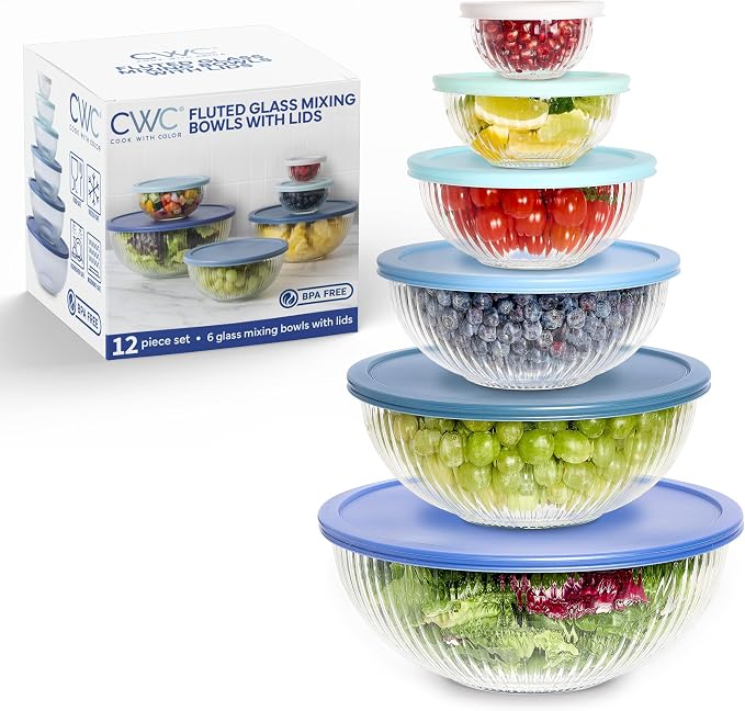 COOK WITH COLOR 12 Pc Glass Mixing Bowl Set with Lids – Borosilicate Glass Nesting Bowls for Cooking, Baking and Meal Prep, Fluted Blue by CookwithColor