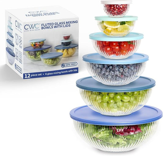 COOK WITH COLOR 12 Pc Glass Mixing Bowl Set with Lids – Borosilicate Glass Nesting Bowls for Cooking, Baking and Meal Prep, Fluted Blue by CookwithColor