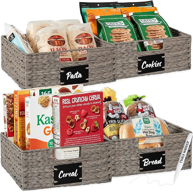 Best Choice Products Set of 4 13x12in Water Hyacinth Pantry Baskets, Woven Organizers w/Chalkboard Label, Chalk Marker - Gray by Unknown