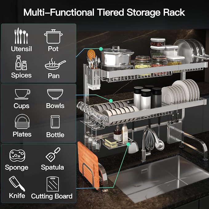 3 Tier Extra Large Stainless Steel Over The Sink Dish Drying Rack | Rust Proof Metal, Expandable Kitchen Sink Drainer, Counter Space Saving, Heavy Duty, Modern Silver, Multifunctional Storage - Image 5