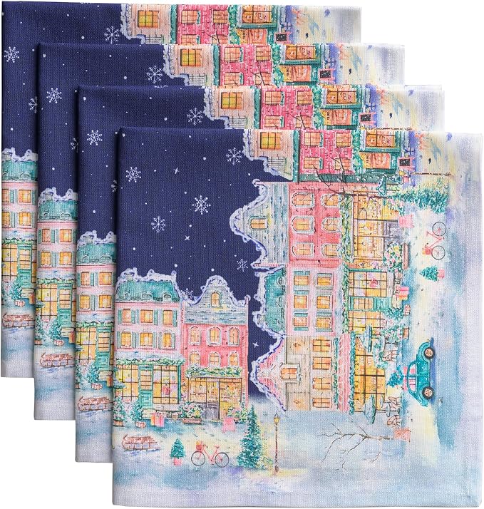 Maison d' Hermine Cloth Napkins Set of 4 Reusable 100% Cotton (20" x 20") | Everyday Square Napkins Cloth Washable Dinner Wedding Restaurant Kitchen Thanksgiving Christmas - Christmas Market - Blue by MaisondHermine