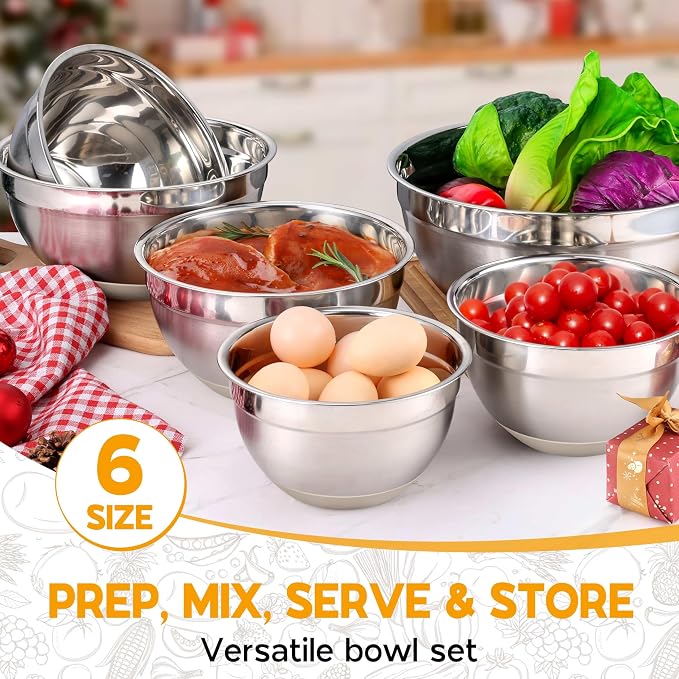 Onader Mixing Bowls with Lids Set of 6, Large Metal Nesting Mixing Bowls, Stainless Steel Non-Slip Salad Bowl Khaki – Size 0.7, 1, 1.5, 2, 2.6, 4.6QT - Image 5