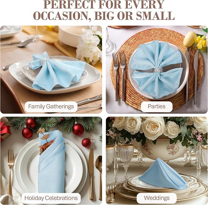 17x17-Inch Shantung Cloth Napkins, Ice Blue, Set of 12 | Bulk Case of 1 Dozen, Satin, Square, 100% Polyester Fabric, Reversible, Faux Dupioni Silk Reverse Side, Machine Washable - Image 4