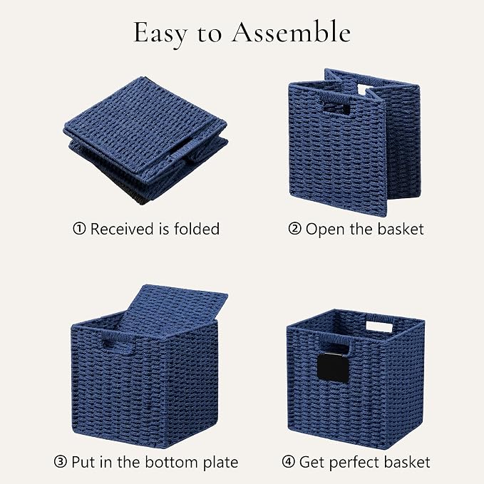UBBCARE 2 Pack Wicker Basket, 10.5×10.5 Storage Cubes with Label, Foldable Cube Storage Bin with Handle, Square Storage Basket for Shelves, Woven Paper Rope Basket for Organizing, Blue - Image 7