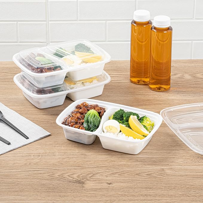 Asporto 32 Ounce Compartment Take Out Boxes, 50 Microwavable Meal Prep Containers - 2 Compartments, With Clear Plastic Lids, White Plastic Food Containers, Do Not Contain BPA - Restaurantware - Image 3