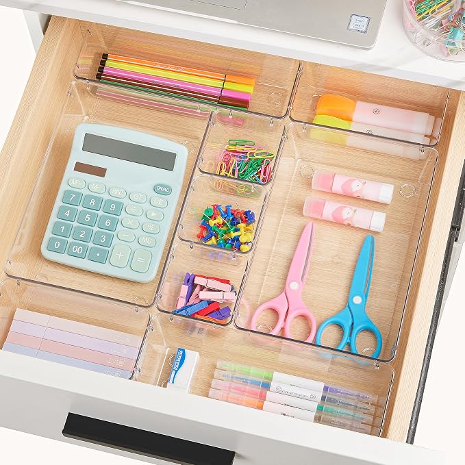 Vtopmart 15 PCS Clear Plastic Drawer Organizers Set, Vanity Organizer Trays | 4-Size Versatile Makeup Organizer, Non-Slip Storage Containers for Makeup, Jewelries, Bedroom，Kitchen Utensils and Office - Image 5