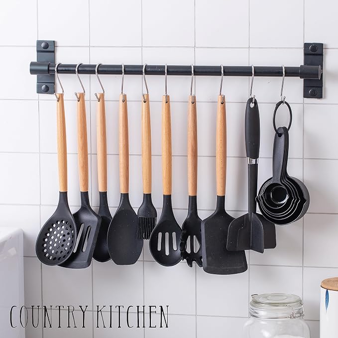 Country Kitchen Non Stick Silicone Utensil Set with Rounded Wood Handles for Cooking and Baking, 38 Piece Set, Black - Image 5