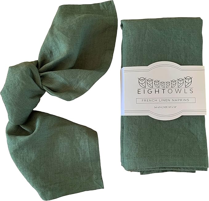 Linen Napkins –100% French Flax – Stonewashed Pure Linen Cloth Napkins - Size 18 Inch x 18 Inch – Set of 4 (Soft Rustic Green) by EightOwls