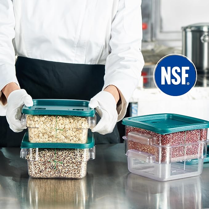 8-Pack 2 Qt NSF Clear Polycarbonate Food Storage Containers with Green Lids - Square, Commercial-Grade, Freezer & Dishwasher Safe, Stackable - Image 3