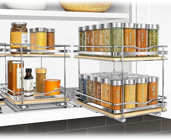 LYNK PROFESSIONAL® Élite™ Pull Out Spice Organization for Cabinets - 8-3/8 inch Wide – Spice Rack for Inside Cabinets – Wood/Chrome - Sliding Spice Rack Organizer for cabinet – Spice Rack - 2 Tier - Image 7