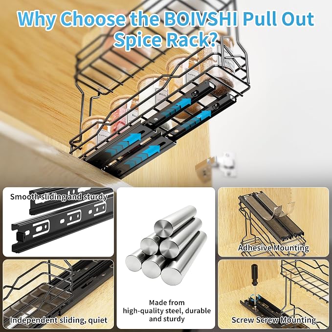 BOIVSHI Pull Out Spice Rack, Spice Organizer for Cabinet-2.3"W×10.5"D×9.7"H | 3 Pack Spice Racks for Inside Cabinets, Metal No Drill Install Spice Rack Organizer for Cabinet, Black - Image 7