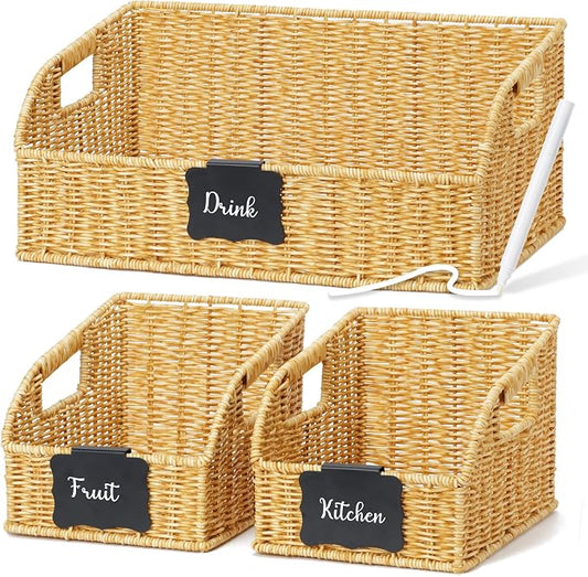 Pantry Organizers and Storage Basket for Organizing with Handles,Handwoven Large Wicker Baskets for Shelves - Waterproof Plastic Storage Bins, Boho Decorative, 3Pack, Natural by Unknown