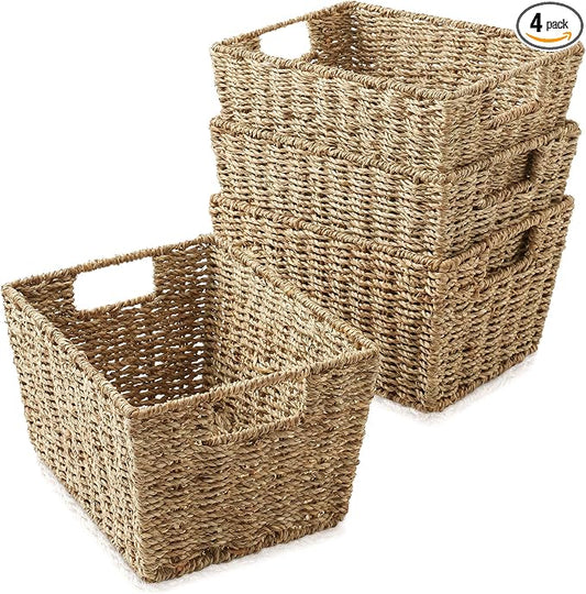 Casafield Set of 4 Seagrass Hyacinth Storage Baskets with Handles - Natural, Woven Storage Bins for Shelves, Blankets, Laundry Organization by Casafield